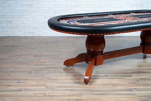 Rockwell Poker Table With Mahogany Napa Legs, Black Vinyl Armrest, and Custom Graphics Playing Surface - Side View