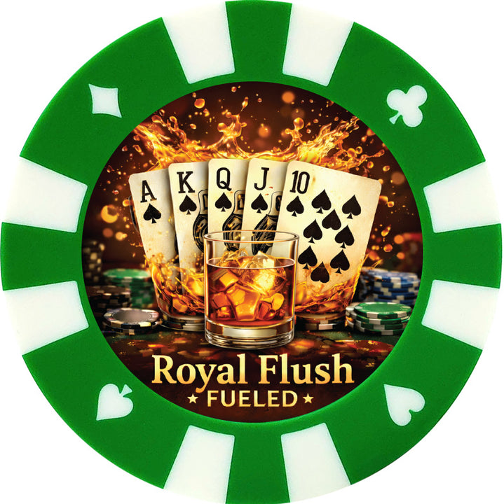 Royal Flush fueled giant poker chip drink coaster - green