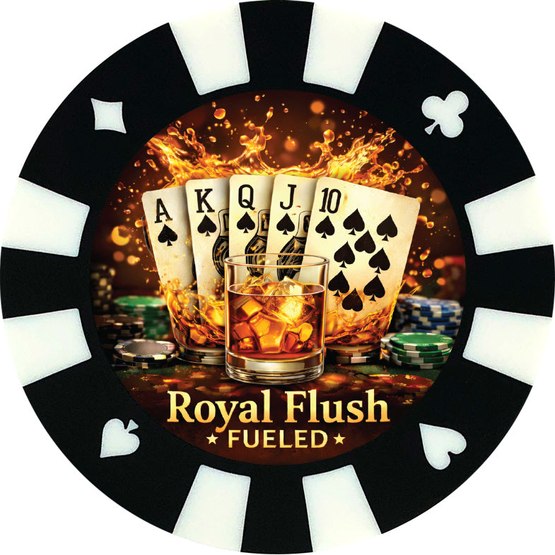 Royal Flush fueled giant poker chip drink coaster - black.