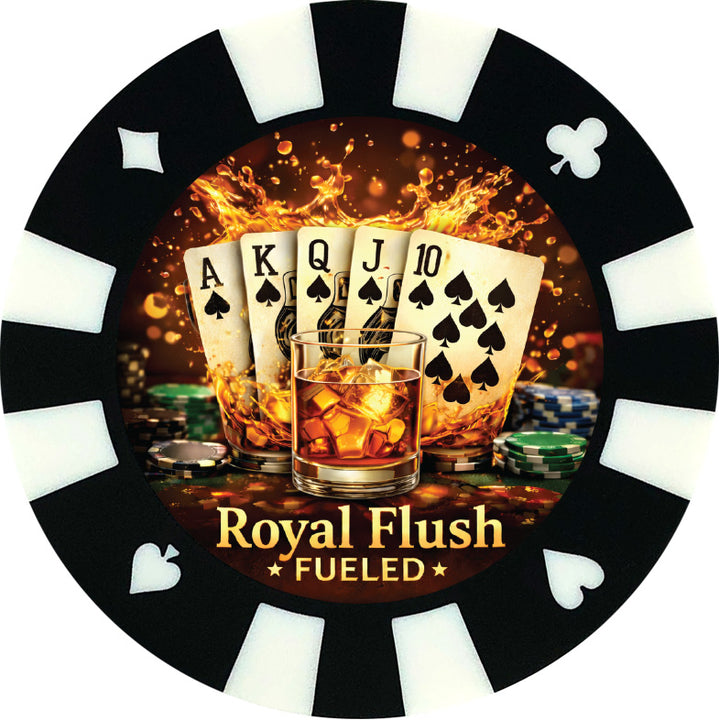 Royal Flush fueled giant poker chip drink coaster - black.