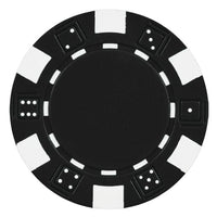 Black striped dice poker chip with white accents on a white background.