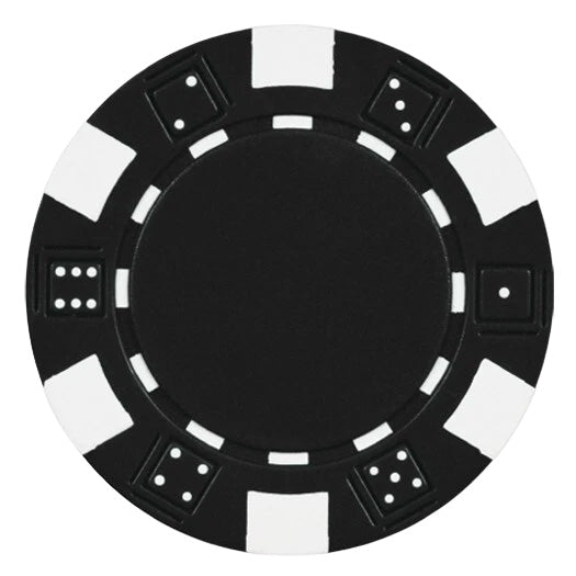 Black striped dice poker chip with white accents on a white background.
