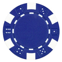 Blue striped dice poker chip with white accents on a white background.