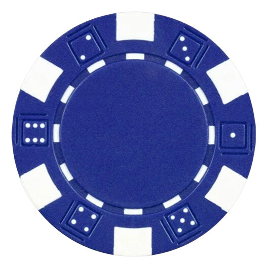 Blue striped dice poker chip with white accents on a white background.