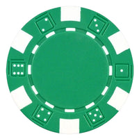 Green striped dice poker chip with white accents on a white background.