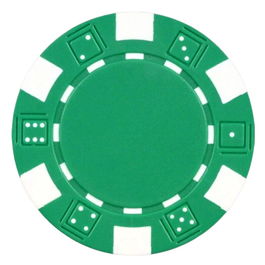 Green striped dice poker chip with white accents on a white background.