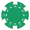 Green striped dice poker chip with white accents on a white background.