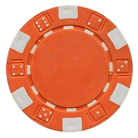 Orange striped dice poker chip with white accents on a white background.