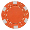 Orange striped dice poker chip with white accents on a white background.