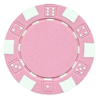 Pink striped dice poker chip with white accents on a white background.