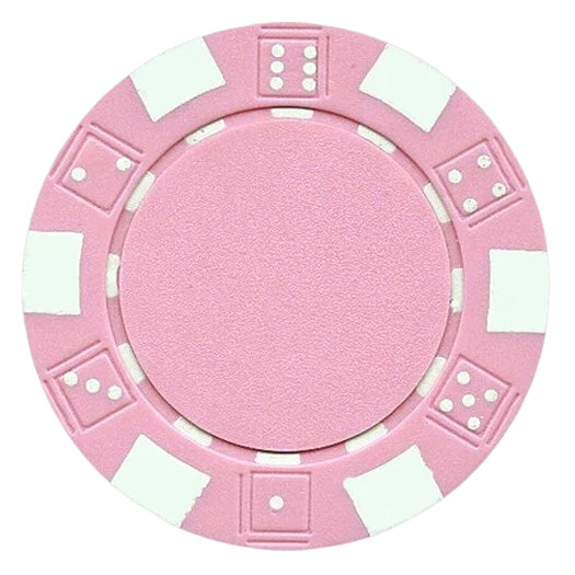 Pink striped dice poker chip with white accents on a white background.