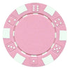 Pink striped dice poker chip with white accents on a white background.