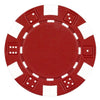 Red striped dice poker chip with white accents on a white background.