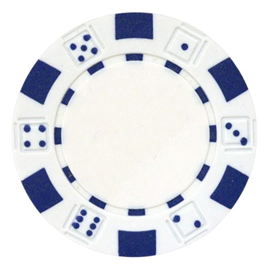 White striped dice poker chip with white accents on a white background.