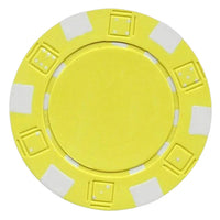 Yellow striped dice poker chip with white accents on a white background.