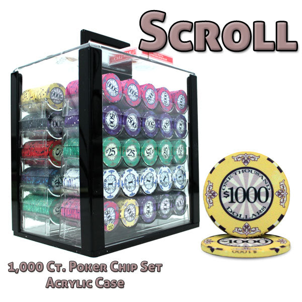 Scroll 10 Gram Ceramic Poker Chips in Acrylic Carrier - 1000 Ct.