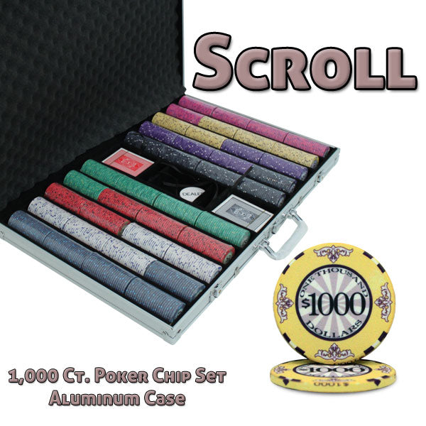 Scroll 10 Gram Ceramic Poker Chips in Standard Aluminum Case - 1000 Ct.