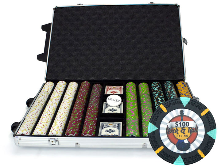 Rock &amp; Roll 13.5 Gram Clay Poker Chips in Rolling Aluminum Case - 1000 Ct.