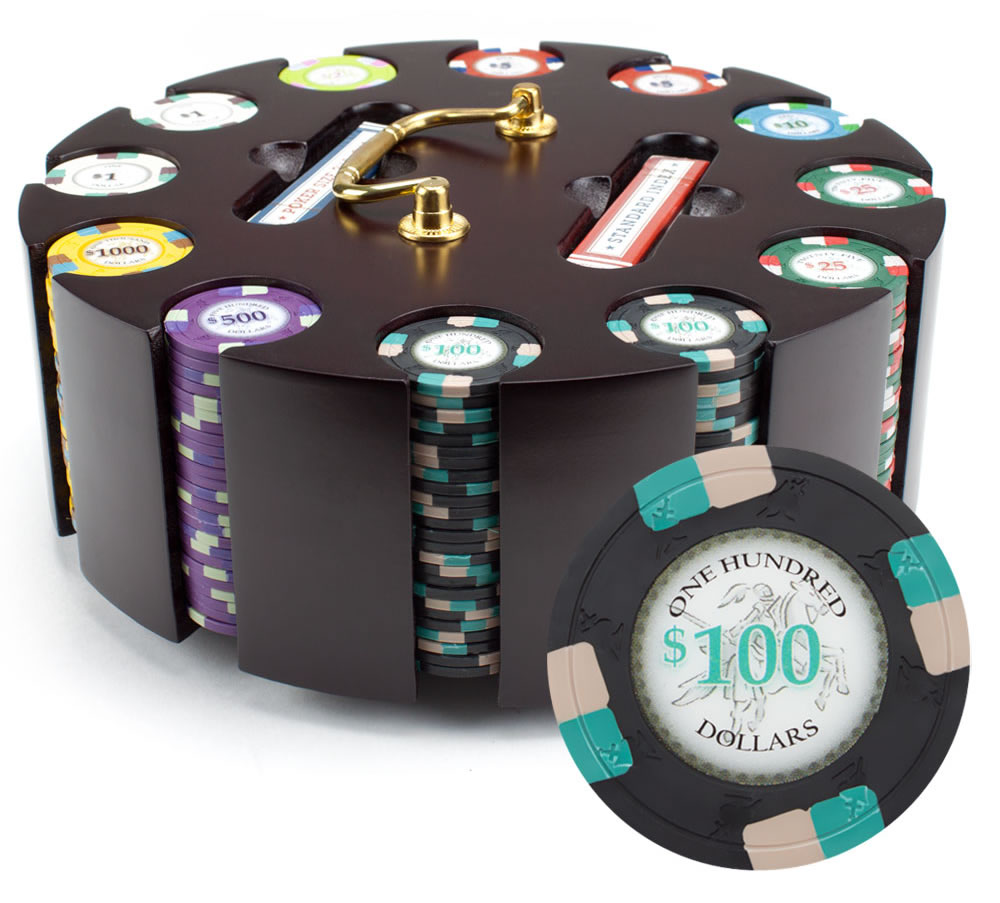 Poker Knights 13.5 Gram Clay Poker Chip Set in Wood Carousel - 300 Ct.