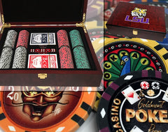 Custom Printed Mahogany Wood Poker Chip Set with 14 Gram Clay Ace King &  Suits Poker Chips - 200 Chips
