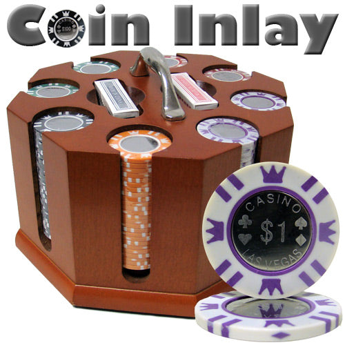 Coin Inlay 15 Gram Clay Poker Chips in Wood Carousel - 200 Ct.