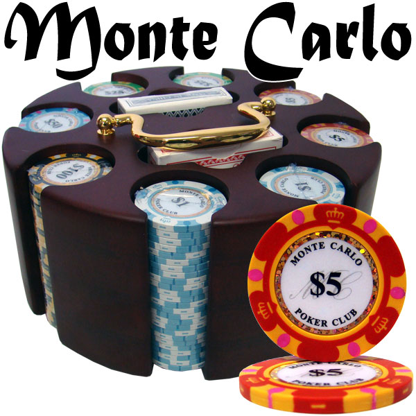 Monte Carlo 14 Gram Clay Poker Chips in Wood Carousel - 200 Ct.