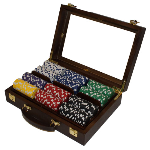 Diamond Suited 12.5 Gram ABS Poker Chips in Wood Walnut Case - 300 Ct.