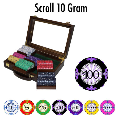 Scroll 10 Gram Ceramic Poker Chips in Wood Walnut Case - 300 Ct.