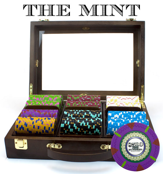 The Mint 13.5 Gram Clay Poker Chips in Wood Walnut Case - 300 Ct.