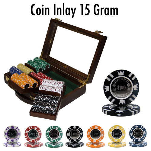 Coin Inlay 15 Gram Clay Poker Chips in Wood Walnut Case - 300 Ct.