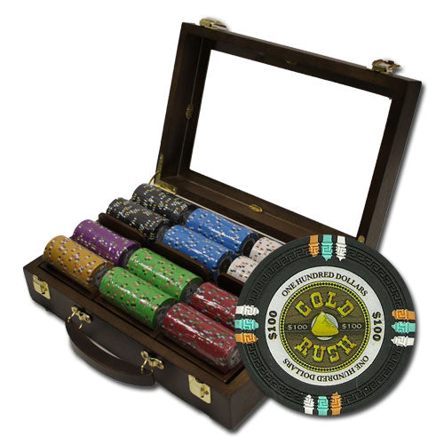 Gold Rush 13.5 Gram Clay Poker Chips in Wood Walnut Case - 300 Ct.