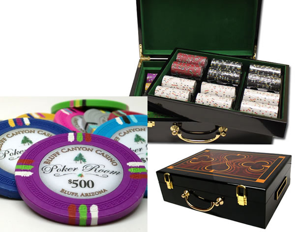 Bluff Canyon 13.5 Gram Clay Poker Chips in Wood Hi Gloss Case - 500 Ct.