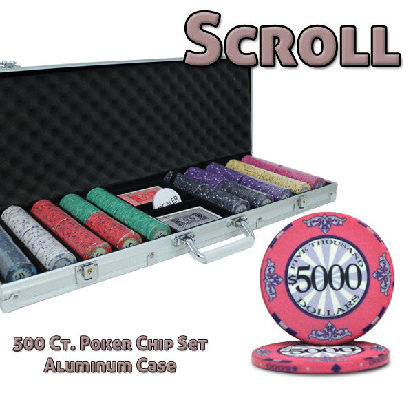 Scroll 10 Gram Ceramic Poker Chips in Standard Aluminum Case - 500 Ct.