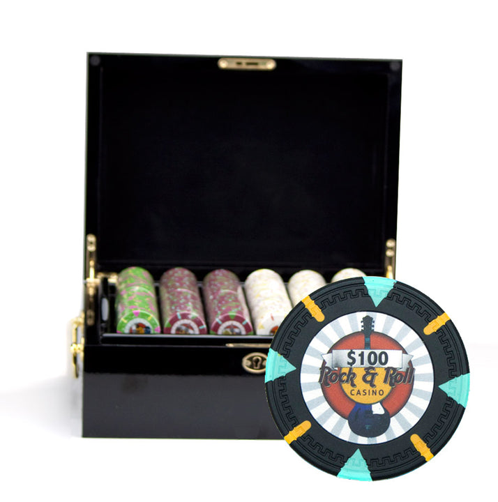 Rock &amp; Roll 13.5 Gram Clay Poker Chips in Wood Black Mahogany Case - 500 Ct.
