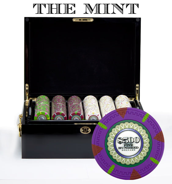 The Mint 13.5 Gram Clay Poker Chips in Wood Black Mahogany Case - 500 Ct.