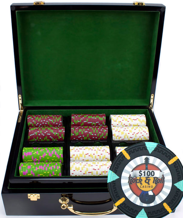 Rock &amp; Roll 13.5 Gram Clay Poker Chips in Wood Hi Gloss Case - 500 Ct.