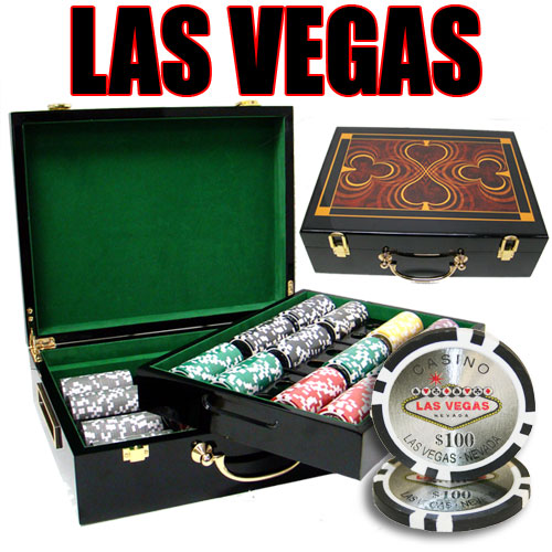 Las Vegas 14 Gram Clay Poker Chips in Wood Hi Gloss Case - 500 Ct.