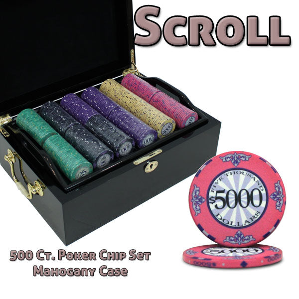 Scroll 10 Gram Ceramic Poker Chips in Wood Black Mahogany Case - 500 Ct.