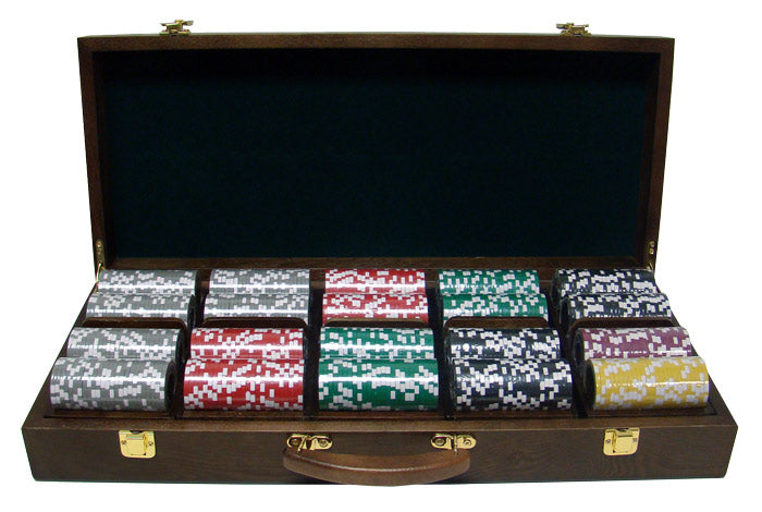  Las Vegas 14 Gram Clay Poker Chips in Wood Walnut Case - 500 Ct.