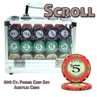 Scroll 10 Gram Ceramic Poker Chips in Acrylic Carrier - 600 Ct.