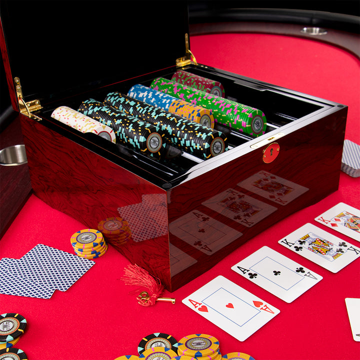 750 Capacity Glossy Wooden Mahogany Poker Chip Case - With Chips