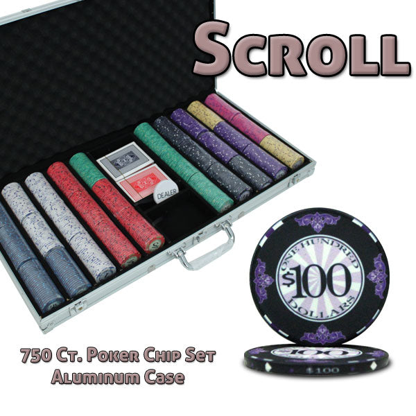Scroll 10 Gram Ceramic Poker Chips in Aluminum Case - 750 Ct.