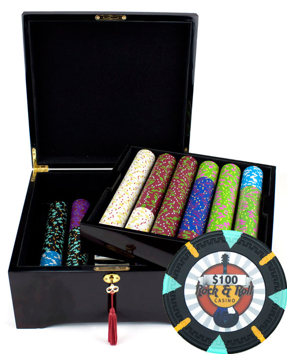 Rock &amp; Roll 13.5 Gram Clay Poker Chips in Wood Mahogany Case - 750 Ct.