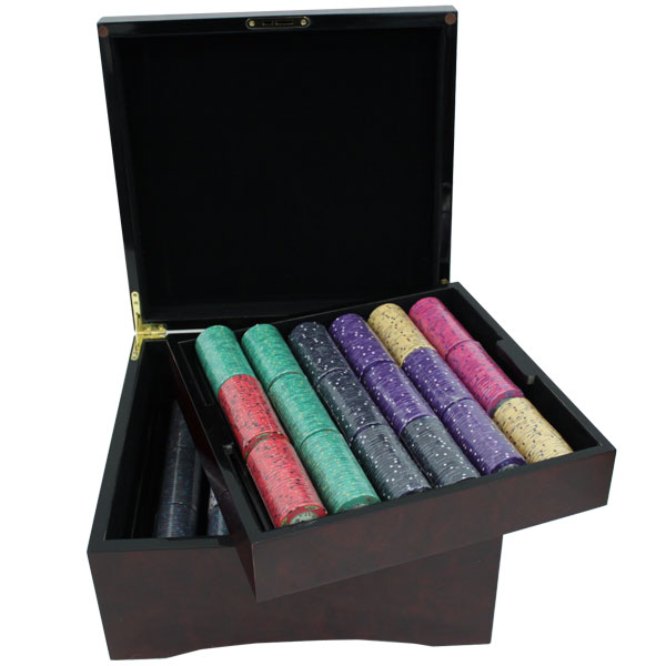 Scroll 10 Gram Ceramic Poker Chips in Wood Mahogany Case - 750 Ct.