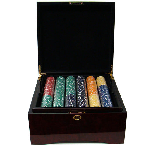 Coin Inlay 15 Gram Clay Poker Chips in Wood Mahogany Case - 750 Ct.