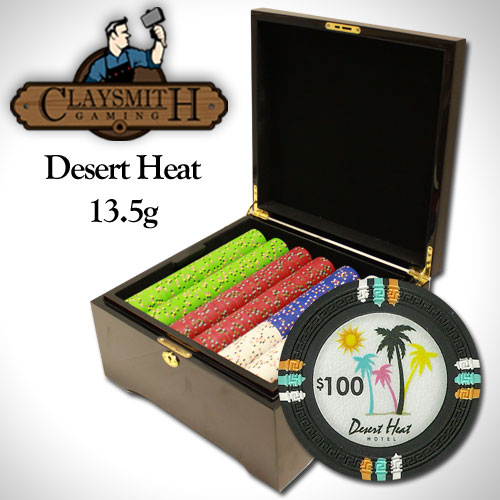 Desert Heat 13.5 Gram Clay Poker Chips in Wood Mahogany Case - 750 Ct.