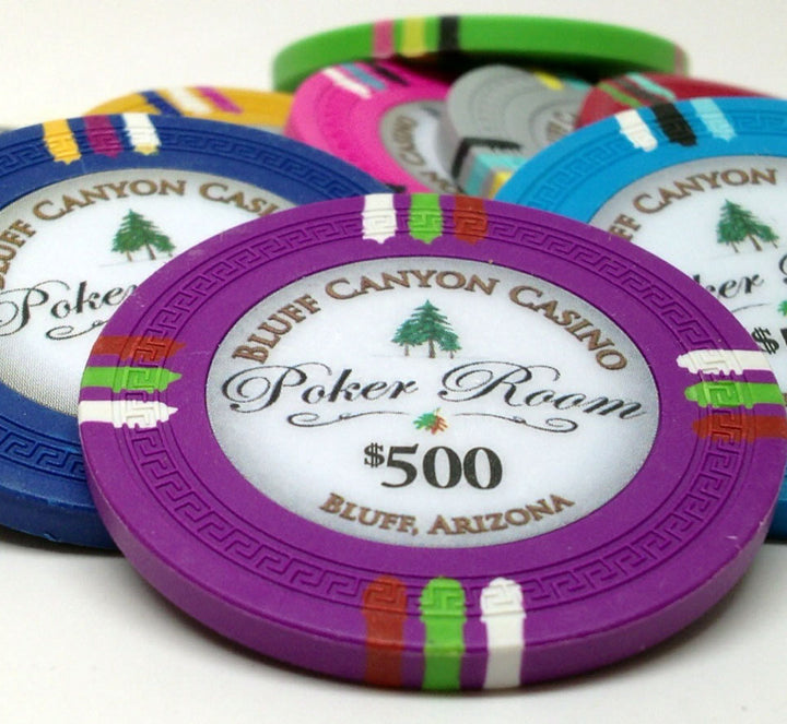 Fichas de póquer de arcilla Bluff Canyon de 13,5 gramos en soporte acrílico - 1000 ct.