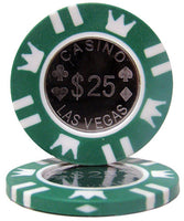 Fichas de póquer de arcilla de 15 gramos con incrustaciones de monedas en estuche de aluminio negro - 500 u.