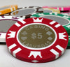 Fichas de póquer de arcilla de 15 gramos con incrustaciones de monedas en soporte acrílico - 600 u.