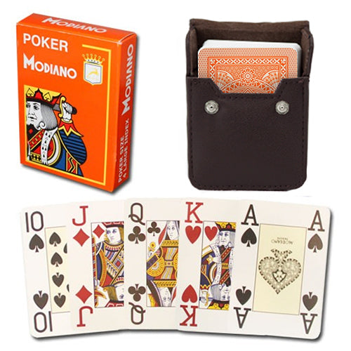 Modiano Cristallo Orange Poker Size Jumbo 4 PIP Index In Leather Case